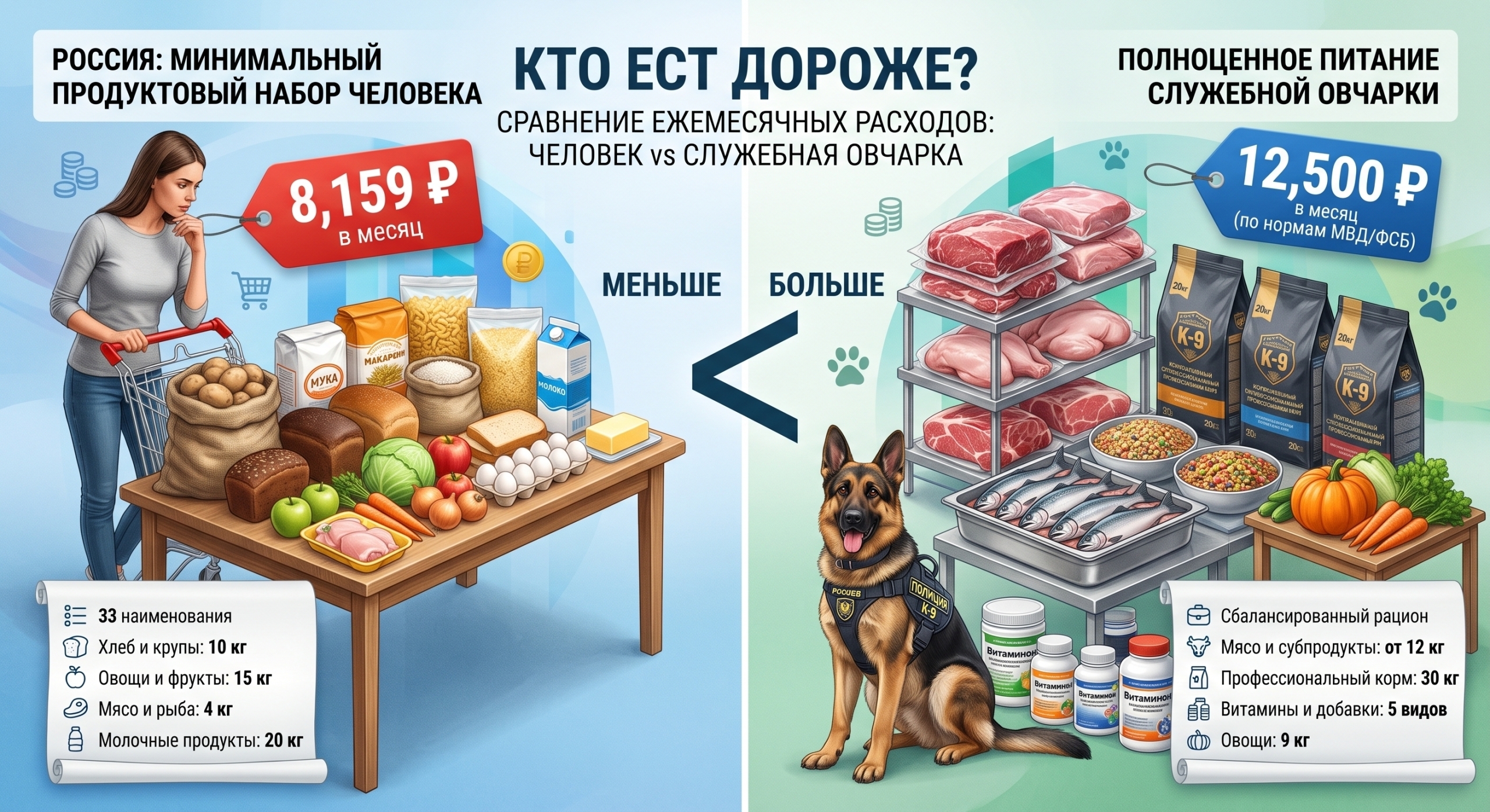 Минимальный продуктовы набор для россиянина — ₽8159. А для служебной собаки?