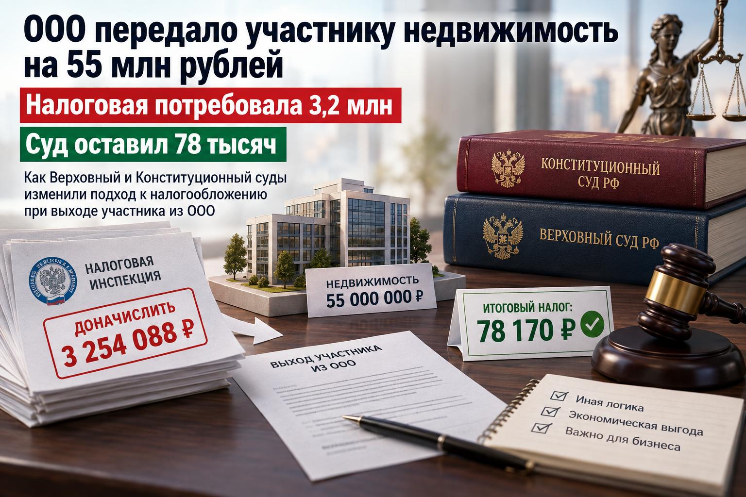 ООО передало участнику недвижимость на 55 млн рублей. Налоговая потребовала 3,2 млн - суд оставил 78 тысяч